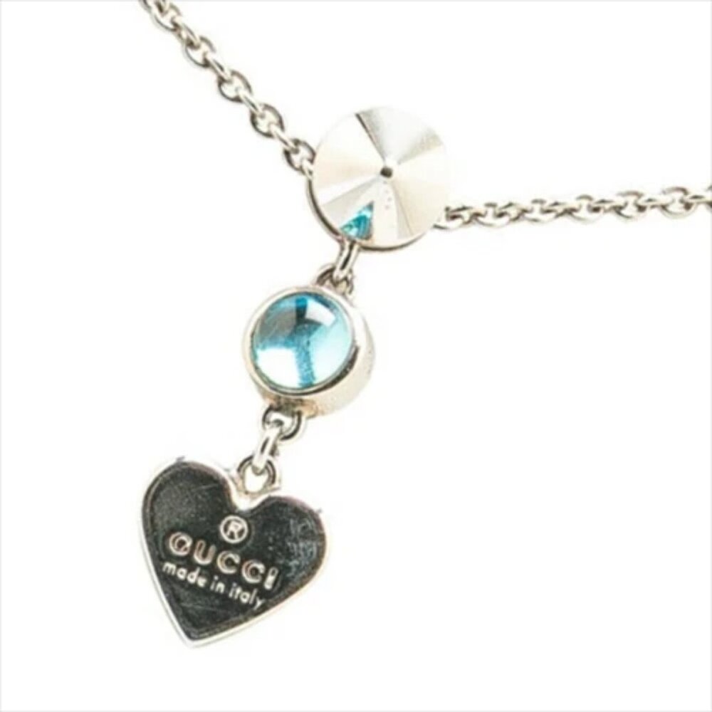 GUCCI Logo Blue Rhinestone Heart Drop Necklace 16" Silver 925 Auth #4708